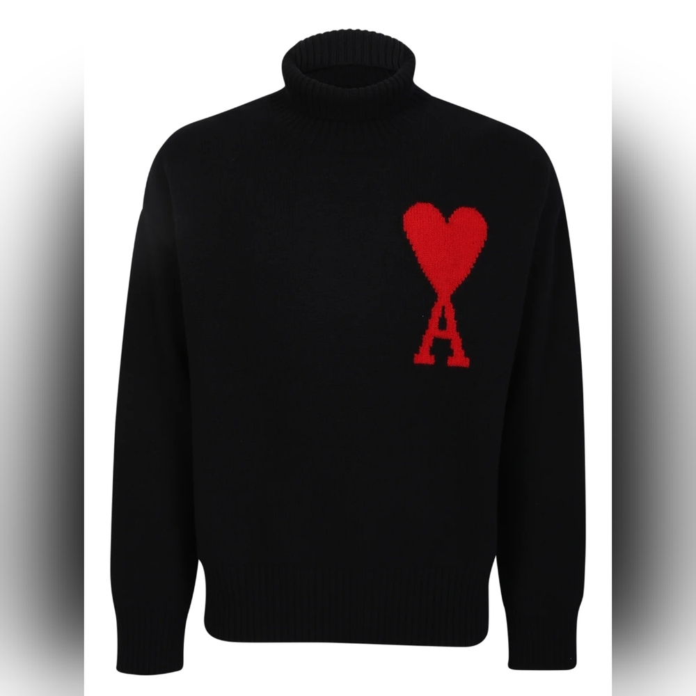 Ami Black Turtle High neck Sweater Jumper with Red Heart Emblem